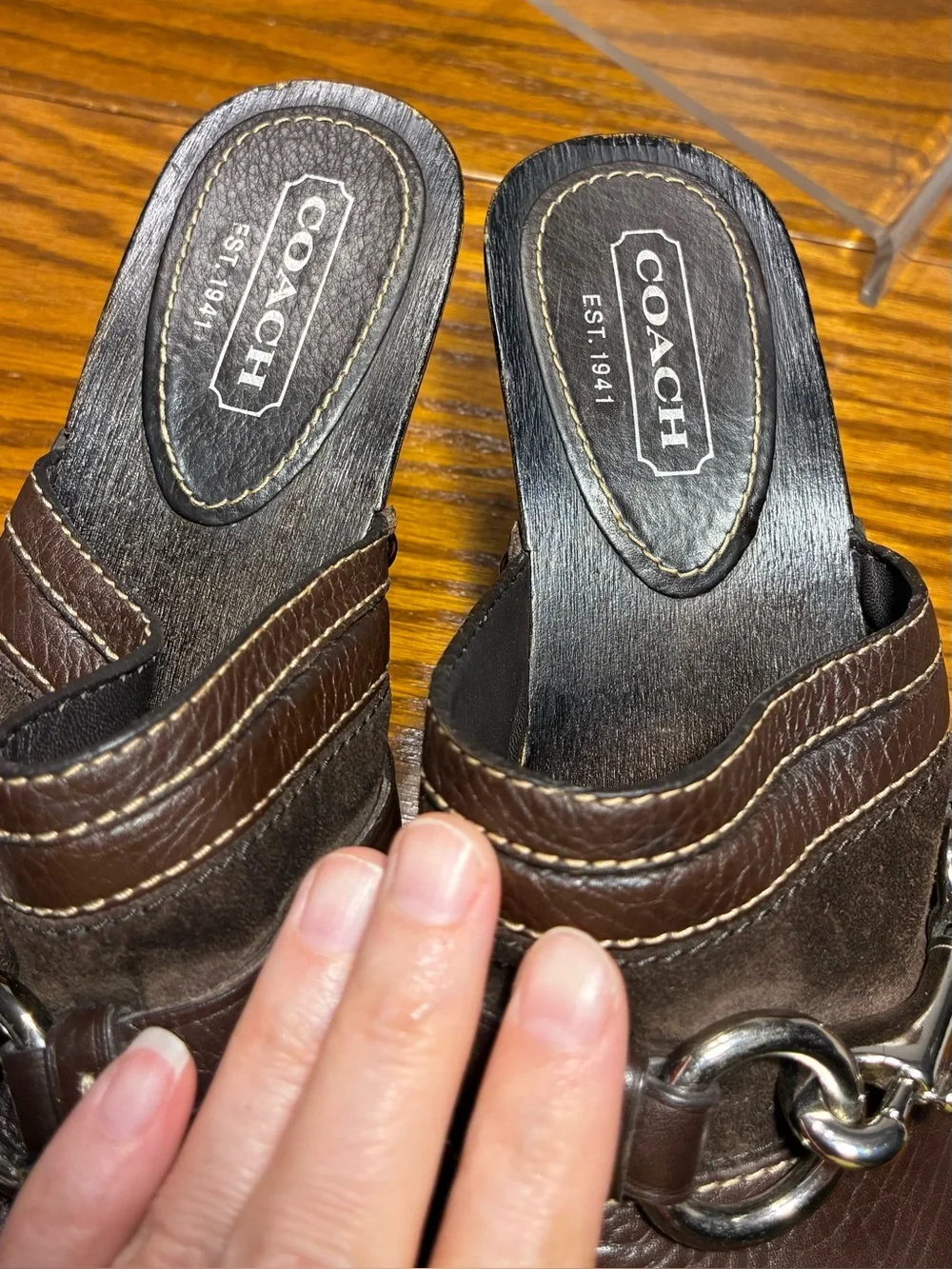 Y2K VTG Coach Horsebit Stud Wooden Heel Clogs Brown Leather Size 6